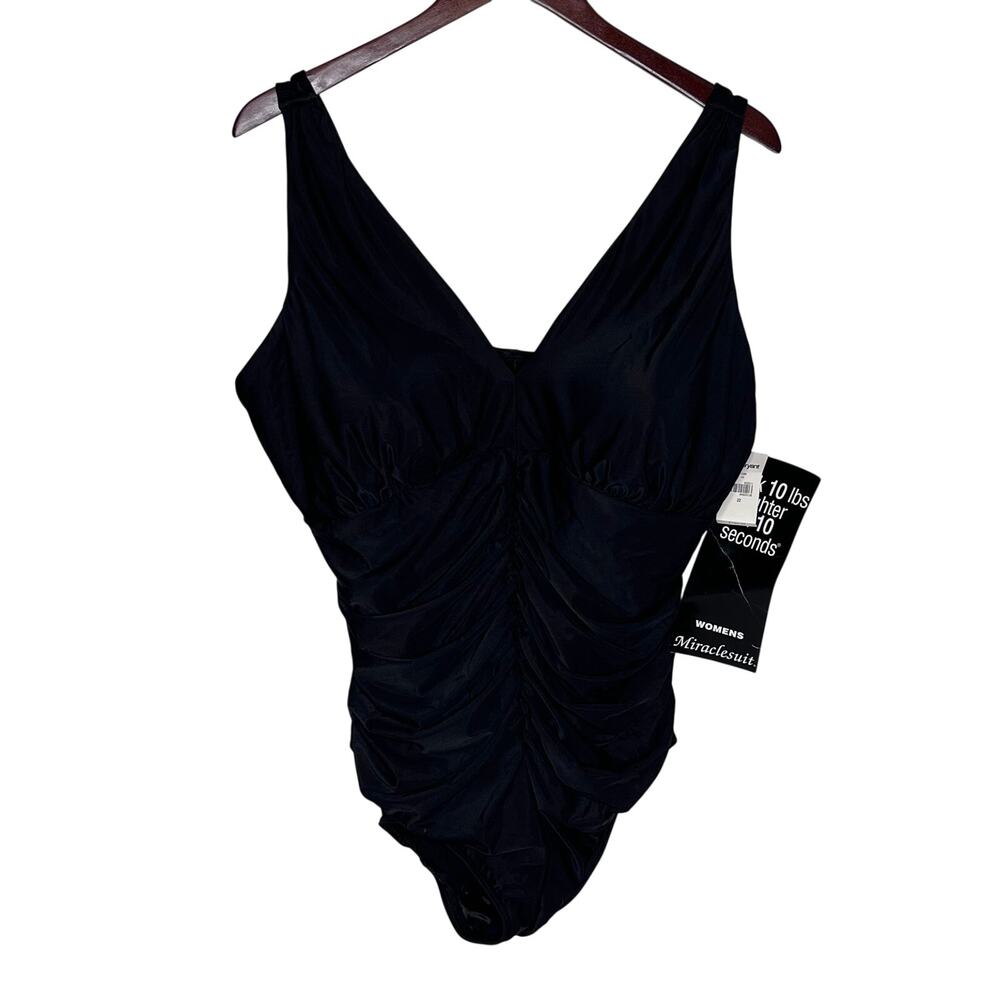 Miraclesuit Black Ruched One Piece Swimsuit Size 22W NWT Slimming V Neck